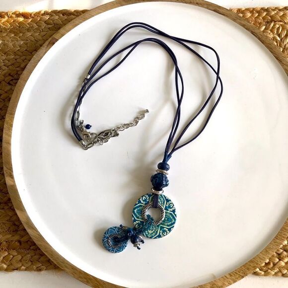Treska Dual Circular Blue Tile Fragment Pendant Cord Necklace- Andalusia Series - Picture 4 of 14